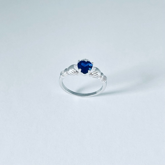 Sterling Silver Claddagh Blue Sapphire CZ Ring, September Birthstone - Picture 5 of 13
